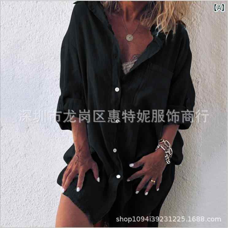 トップス レディース 長袖 レトロ風 チャイナ風 ブラウス 綿麻混素材 Vネック シングルボタン 異素材切り替え 2019年夏物