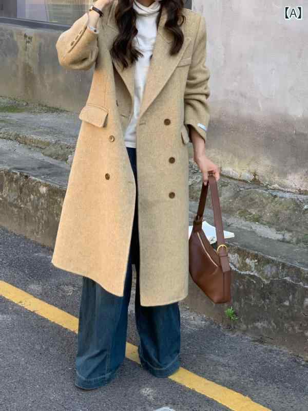 乐天商城 - 両面の カシミヤの コートの 女性の 秋冬の 新型の 人の 字の スーツの 襟の双 列は 膝の 長い タイプの正 肩の ウールの コートを 掛けます。