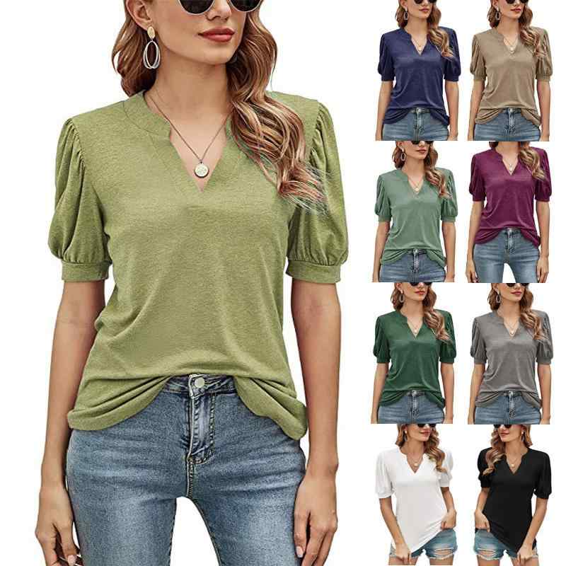 Tシャツ レディース トップス Vネック 無地 パフスリーブ ゆったり カジュアル 普段着 半袖 カットソー おしゃれ かわいい おしゃれ かわいい 体型カバー フェミニン おしゃれ シンプル ブラウス オフィス 通勤