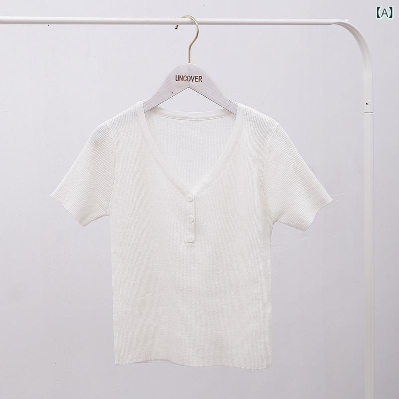 韓国 風 スリム フィット V ネック Tシャツ レディース 半袖 ニット インナー 無地 トップス カレッジ 風 春 夏 アイスシルクニット クリアランスセール