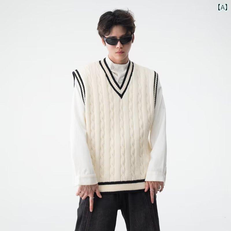 Knitting, Sweaters - 学院 風 v ネック ニット 馬 甲 男 秋冬 アメリカレトロ ゆるい ノースリーブセーターベストプルオーバー