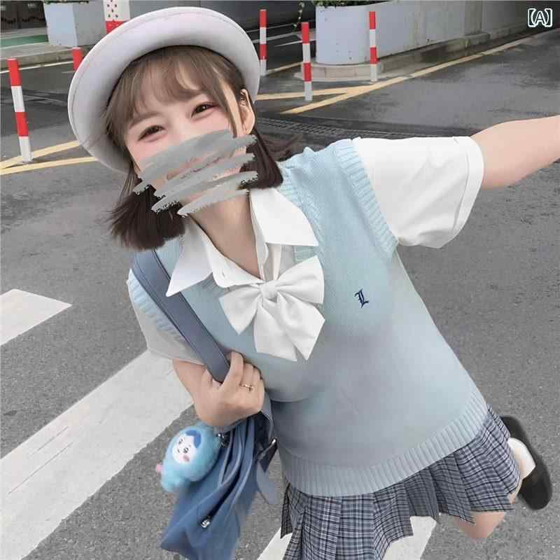 Rakuten - 春秋 JK 制服 ニットセーターベスト 女性 日系 学院 v ネック 刺繍 プルオーバー 2 点 セット