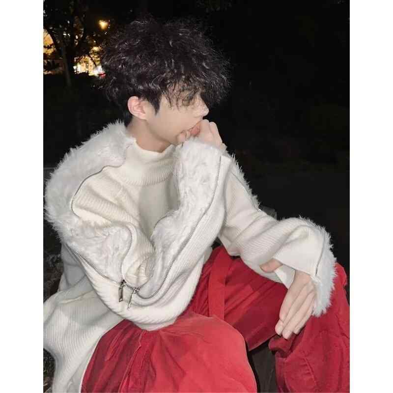 乐天商城 - メンズ ニット セーター 開襟 フェアアイル柄 ヴィンテージ風 ミミックファー ソフト フィット コート トップス 長袖 ルーズフィット ラウンドネック 普通厚 ハイストリート 刺繍 コットン混紡 ポリエステル 白色 秋冬 青少年 男性 成人 洗濯機洗い