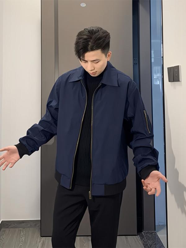 樂天商城 - メンズ ジャケット 飛行士風 アメリカンスタイル 棒球服 短丈 廓形 春秋 黒 紺 長袖 フラップカラ ラグランスリーブ ルーズフィット ジップアップ サイドポケット ポリエステル混紡 化学繊維 直裾 ミシン目ステッチ ノーアイロン加工 日常着 通勤 カ
