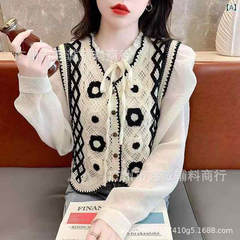 乐天商城 - ニット マ甲 女性用 秋冬 開衫 綿素材 Vネック 刺繍 クロシェ レース 切り抜き ルーズフィット 黒 赤 緑 ブラウン 復古風 カジュアル トップス レイヤード 秋服 暖かみ 軽量 日常使い コーディネート スタイリッシュ ニットウェア