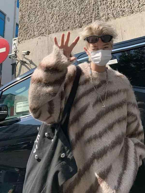 ニットセーター メンズ ゼブラ柄 秋冬 長袖 厚手 ゆったりシルエット 丸首 透気性 ポリエステル混紡 日常着 灰 カーキ 港風 提花 青少年向け 免烫加工