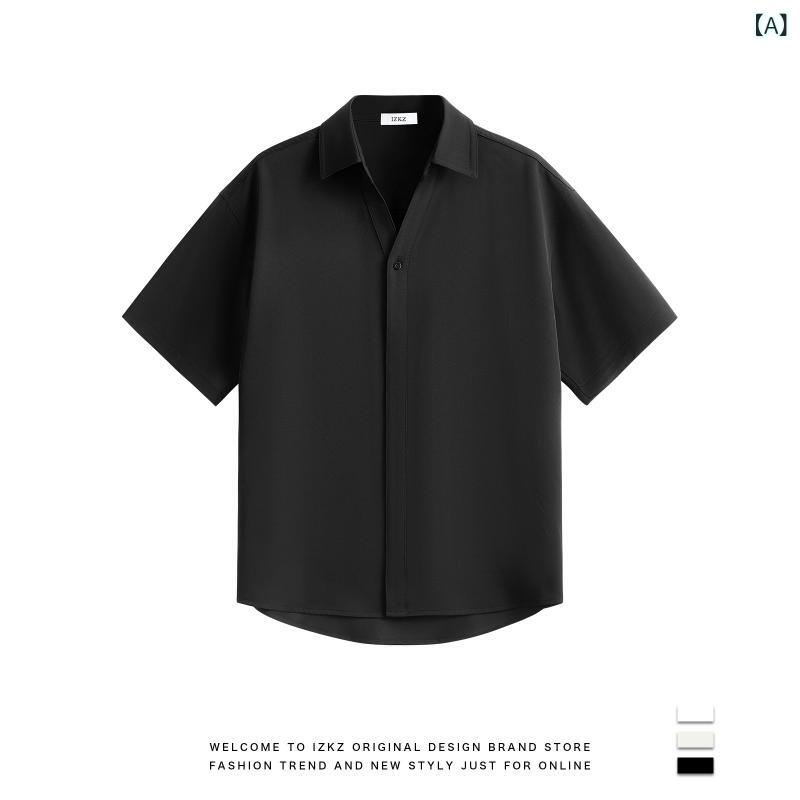 Short Sleeves （Shape Holding） - メンズ シャツ トップス 短袖 翻領 Vネック 接触冷感 涼感 抗皱 免熨烫 耐磨 ポリエステル 綿混 ゆったり ワイドシルエット 黒 白 杏 青春 流行 都市 スタイル ティーン 夏 シーズン 休日 普段使い 軽量 伸縮性 洗濯加工