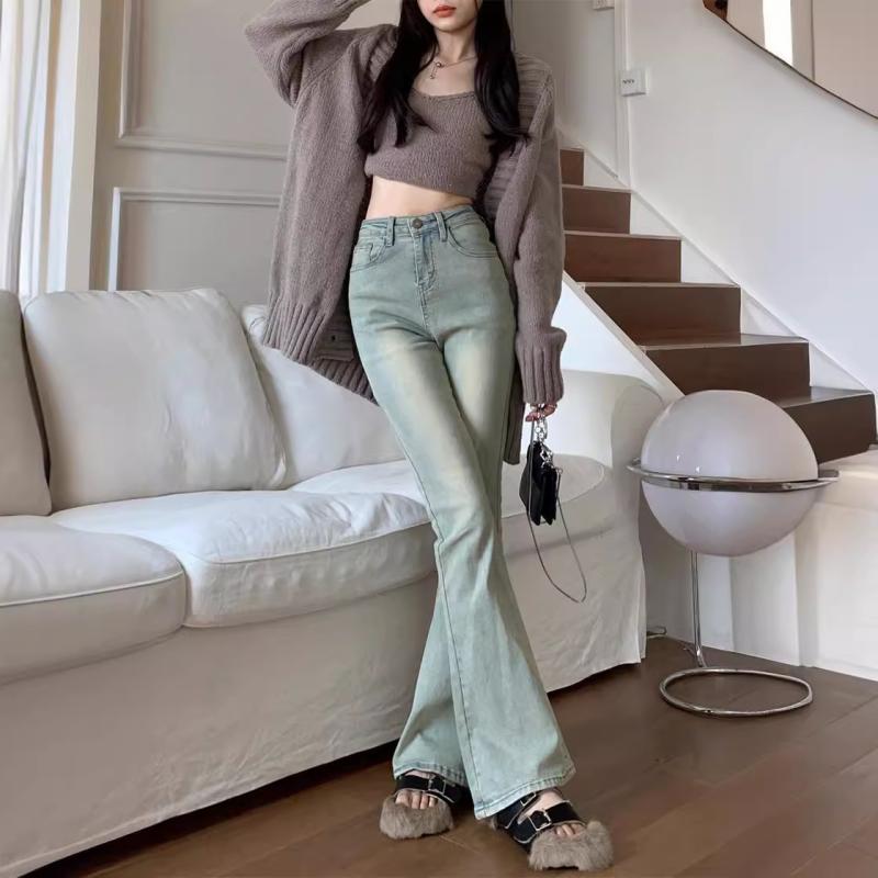 乐天商城 - レディース 牛仔パンツ 高腰 ストレート ワイドパンツ ロング丈 ヴィンテージ風 水洗加工 ストレッチ 軽量 デニム ポリエステル混 ポケット ストリート カジュアル 普段使い デイリー コーデ ゆったり シルエット 脚長効果 セクシー 春季 黄泥