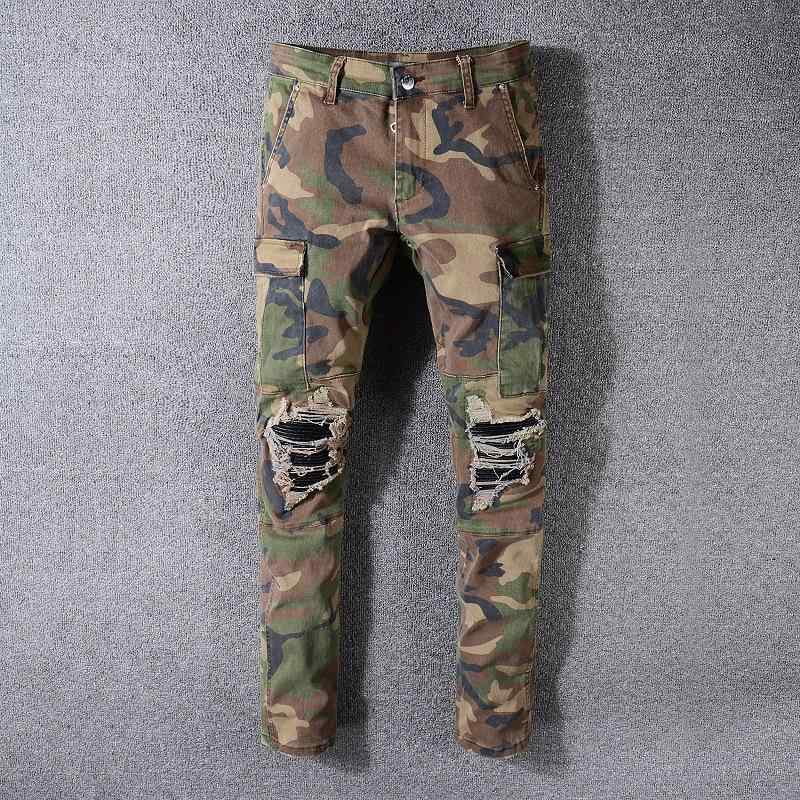 樂天商城 - メンズ ジーンズ コットン 迷彩 ストレッチ スリム 小脚 ロングパンツ タイトフィット ミッドライズ ジップフライ 多ポケット 破れ加工 ワイド 日常 カジュアル 青年向け オールシーズン 伸縮性 中厚