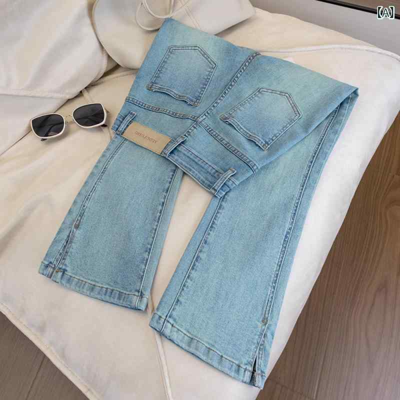 樂天商城 - レディース デニムパンツ ハイウエスト 九分丈 フレア 薄手 高弾性 コットン ポリエステル 切り替え 軽量 伸縮性 快適 普段使い 通勤用 デイリー 浅青 黒 紺