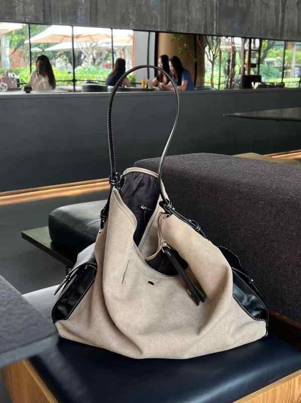 レディース メンズ バッグ 帆布 鞄 キャンバス 素材 皮 配色 デザイン 双口袋 単肩 斜め掛け 大容量 日常使い 無性別 スタイル 横型 方形 形状 ジッパー 開閉 ソフト 硬度 立体 ポケット 車縫い ステッチ ポケット 収納 カード ポケット ス(4.0)