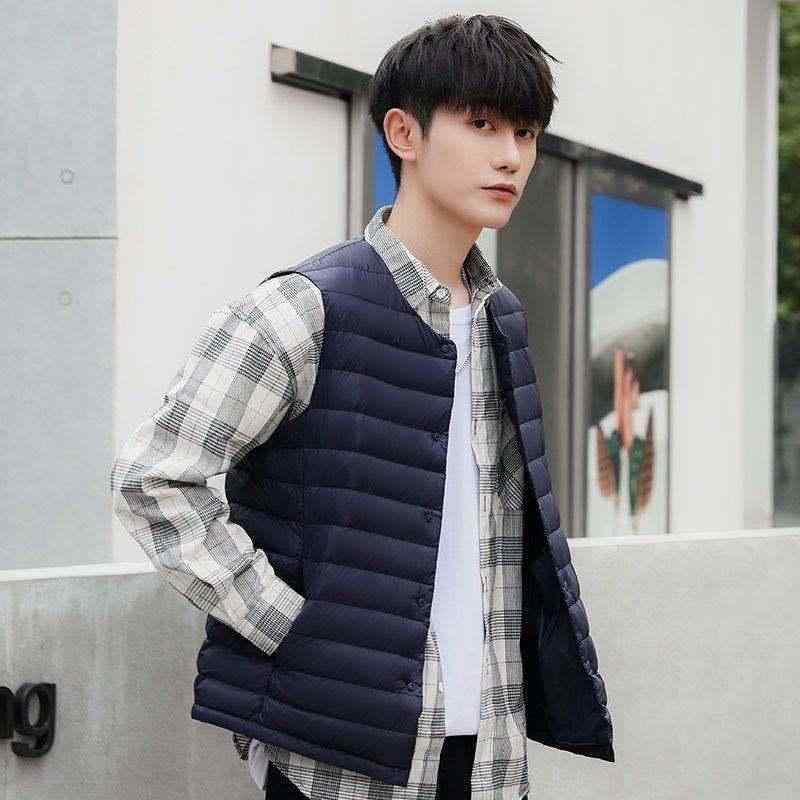 メンズ 羽绒服 軽薄 羽绒内胆 大きいサイズ 無領 馬甲 背心 外套 冬 軽便 防寒 抗寒 白鸭绒 聚酯纤维 锦纶 ニロン 通勤 休闲 黒 紺 緑 灰 普通 薄款 純色 青少年 成人 冬 軽寒 -5℃~-0℃ 550 51-55% 50 95% S M