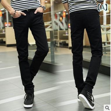 Long Pants - メンズ 牛仔パンツ 秋冬 黒 小脚 修身 学生 青少年 テーパード ミドルウエスト ジップフライ 普通厚 コットン60% ポリエステル 高弾性 ストレートヘム プリント ワッシング加工 キャットアイ加工 コットン ミックス コットン素材 伸縮性 軽量 カ