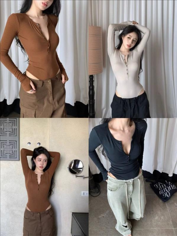 トップス レディース セクシー Vネック 長袖 Tシャツ 秋冬 ボディス タイト 伸縮性 修身 連体衣 打底 私服 紺 灰 茶 ポリエステル コットン混 軽量 フィット セクシー風 名媛スタイル コーン型 三分丈 コンシール セクシー ボディス 連体 打