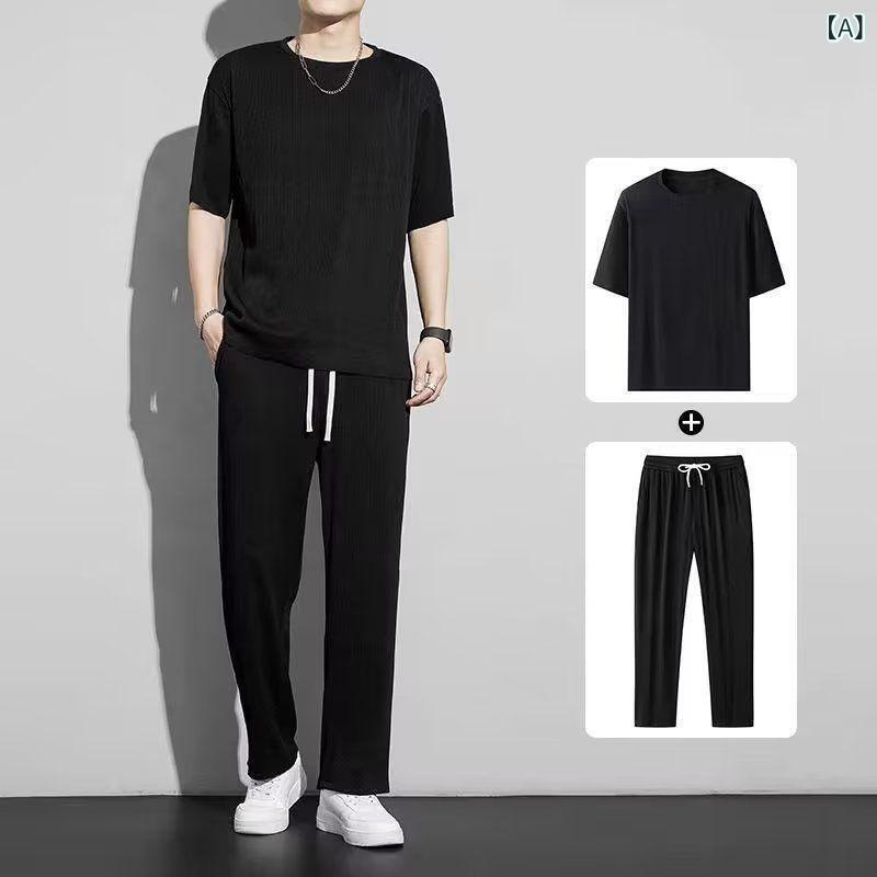 メンズ スポーツ セットアップ 接触冷感 速乾 半袖 Tシャツ 長ズボン トップス ボトムス ブラック グレー ネイビー ビジネス 普段使い 部屋着 軽量 伸縮性 ポリエステル 夏 オールシーズン ビジネス 紳士