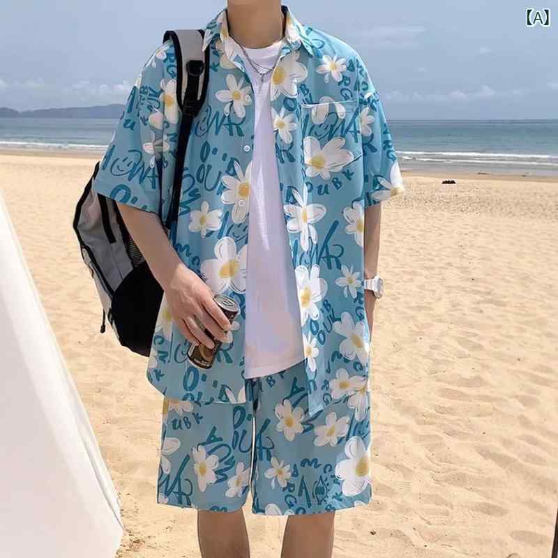 Wear - メンズ 短パン セットアップ 速乾 夏用 ゆったり 化繊混紡 ポリエステル100% 短袖シャツ 花柄 ビーチ 日常使い 旅行 リゾート ブルー 涼しい 軽量 ポップスタイル