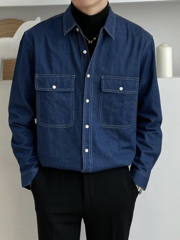 メンズ シャツ デニム 長袖 開襟 修身 ポケット 詳細 深色 綿 素材 耐摩耗 免燻 春...