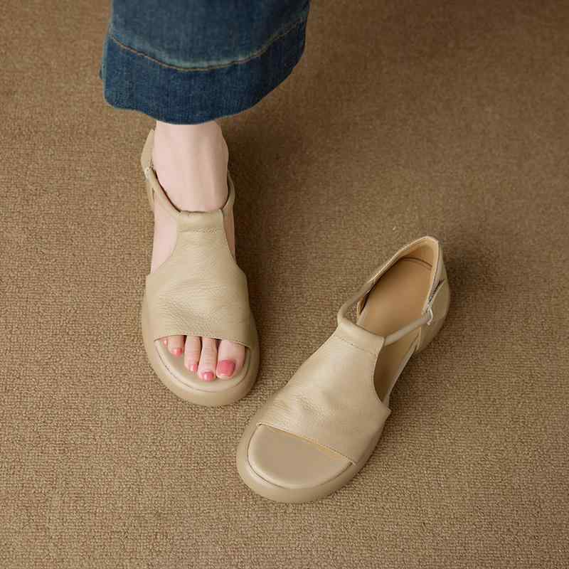 Holly'S Sole - ローマサンダル レディース 厚底 オープントゥ 夏 ミドルヒール 面ファスナー ソフトソール 快適 ベーシック 米白 杏色 超繊維 素材 丸トゥ デザイン 休闲スタイル 日常使い 軽量 通気性 足入れ楽 歩きやすい 足元おしゃれ コーディネート 足元カバ