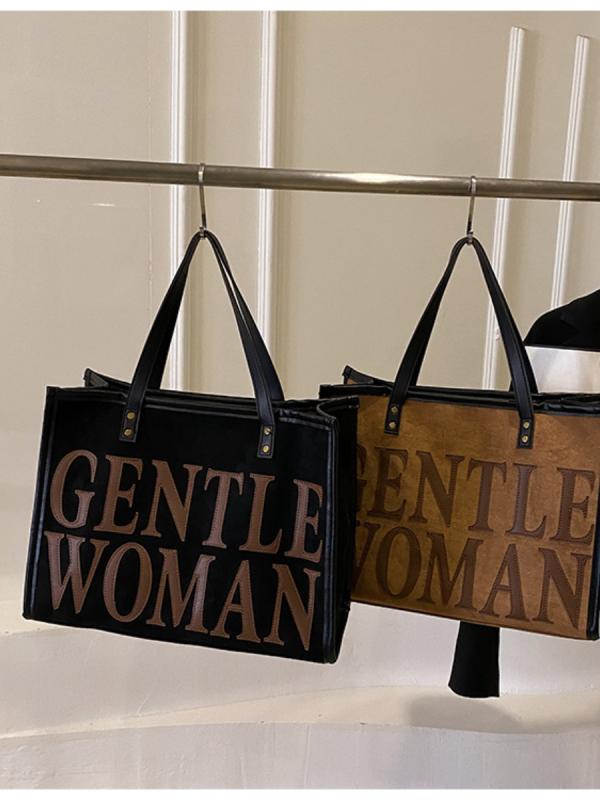 Rakuten - トートバッグ 女性用 黒 茶 ベルベット素材 トート 圧花 アルファベット 革調 大容量 横型 方形 ジッパー開閉 携帯ポケット ミディアムソフト シングルショルダー 日常使い トレンド クロスボーダー スタイル 冬 オールシーズン 普段使い 軽量 肩掛
