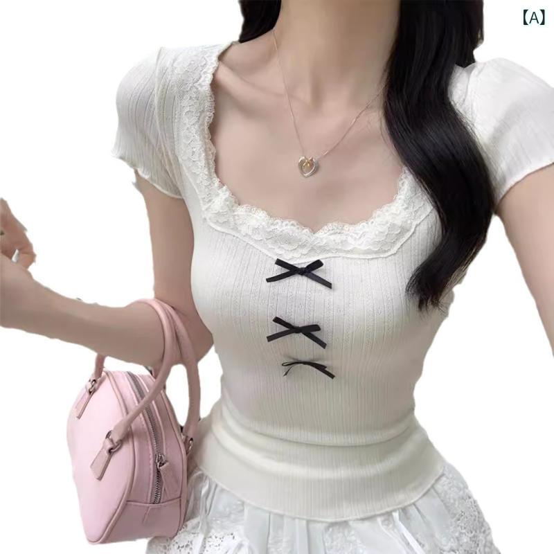 Tシャツ レディース 短袖 夏 バレエ風 レース 切り替え Uネック 蝶結び 肩上衣 修...
