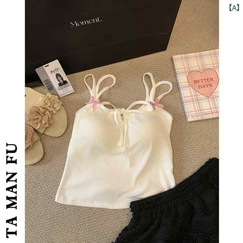 樂天商城 - レディース トップス 抹胸 背心 系帯 バレエ風 蝶結び 美背 修身 打底 インナー 甘めスタイル 丸首 夏 春 秋 白色 柠檬黄 黒 ピンク 深青 ポリエステル混 涤棉素材 適中厚 胸パッド付き かわいい セクシー 軽やか 伸縮性 通勤 普段使い デー