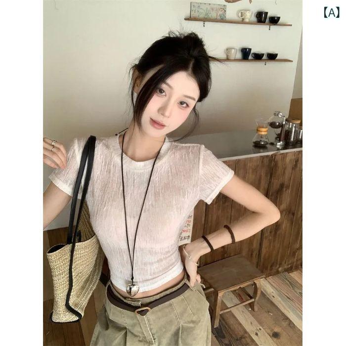 Tシャツ 女性用 短袖 バタフライ 結び目 後ろ 空洞 紐 デザイン 修身 スリム 短め 上衣 杏 純色 丸首 セットインスリーブ 切り替え 綿 スパンデックス 少女風 爽やか 甘め 快適 休日 スタイル 軽量 通気性 伸縮性 フィット トップス インナ