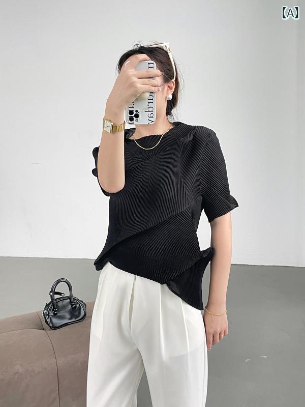 Rakuten - Tシャツ レディース 短袖 修身 褶皱 不規則 丸首 スリム 百搭 ファッション トップス 純色 ポリエステル 夏 気質 通勤 優雅 柔らか 黒 ピンク 紫