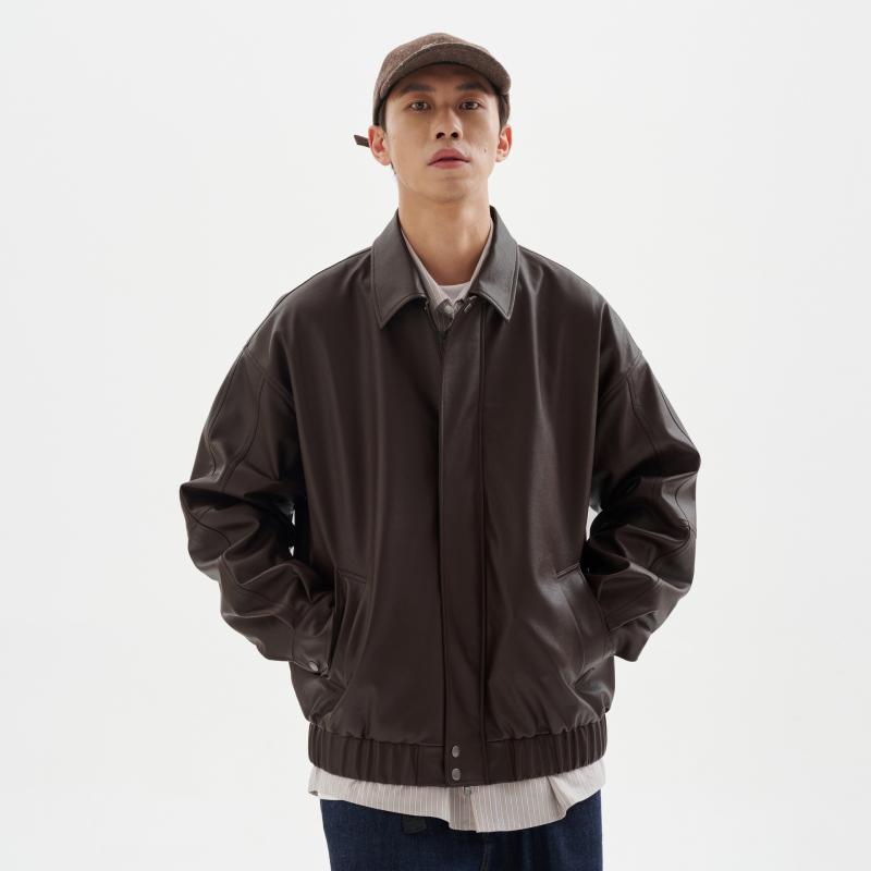 メンズ ジャケット PUレザー 春季 復古 痞帅 機車服 外套 トレンド ワイド ターンカラ カジュアル 黒 ブラウン 青少年 金属装飾 側ポケット 丸ヘム ポリエステル ライニング ゆったり シルエット 日常 ストリート スタイル