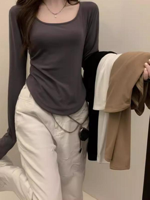 Rakuten - Tシャツ レディース 長袖 インナー 秋冬 修身 不規則 短め トップス 切り替え 丸首 純色 ポリエステル 柔軟 黒 灰 白 卡其 日韓 スタイル 休闲