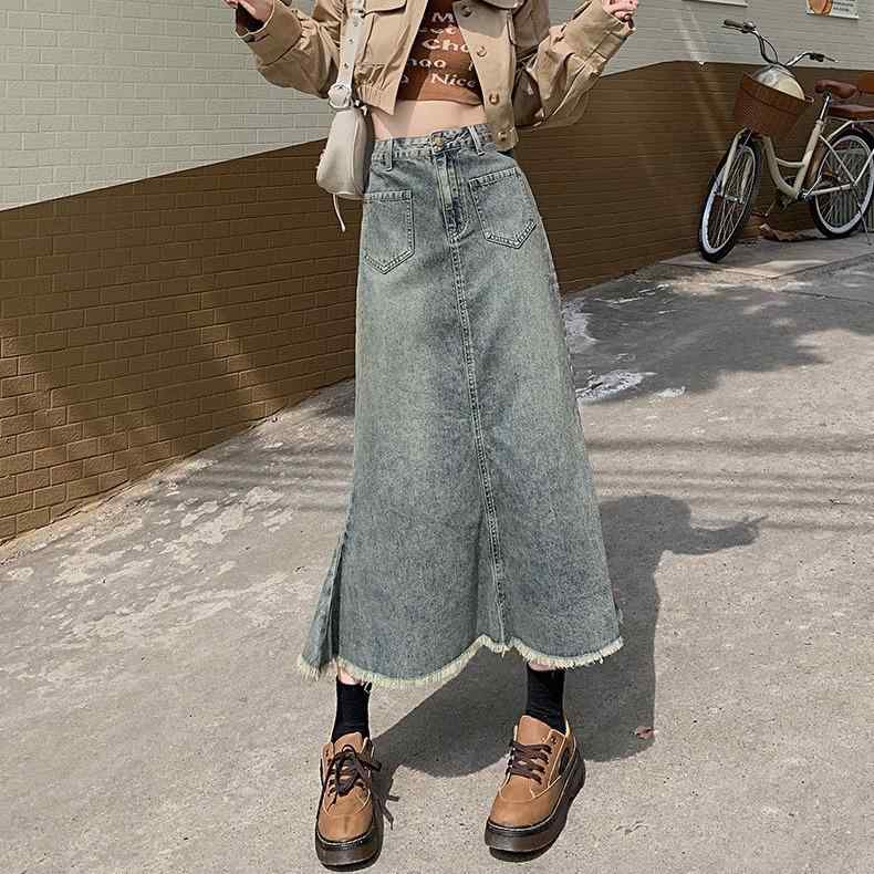 Rakuten - スカート 女性用 牛仔 半身スカート 春季 復古 毛辺 高腰 显瘦 魚尾 中長 梨形身材対応 A字 ポケット デニム ブルー シンプル 日韓 カジュアル ポケット付き 免烫 ポリエステル コットン 無弾力 ミッドレングス ハイウエスト フレア ポケット