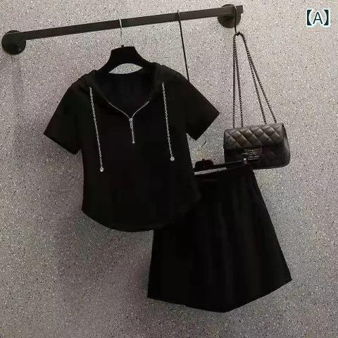 乐天商城 - レディース セットアップ 連帽 トップス ショートパンツ 2点セット 夏 涼しい ポリエステル 黒 緑 ゆったり 大きいサイズ 日常 スポーツ 洗濯簡単 無撫蒸 退色加工 3分袖 3分丈 ゆったり袖 日韓 カジュアル