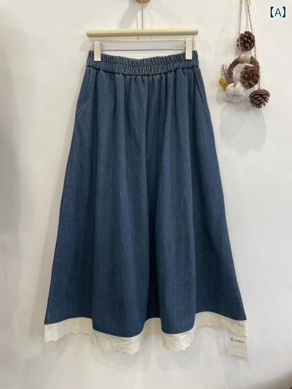 Half-Length Pants - 半身スカート スカート 牛仔スカート デニムスカート 森系スカート 秋冬スカート 復古ブルー ブルー 花辺 切り替え A字スカート 中長スカート ワイドシルエット ゆったりスカート マイクロストレッチ クリーンスタイル 甘めスタイル コットン混紡 再生繊