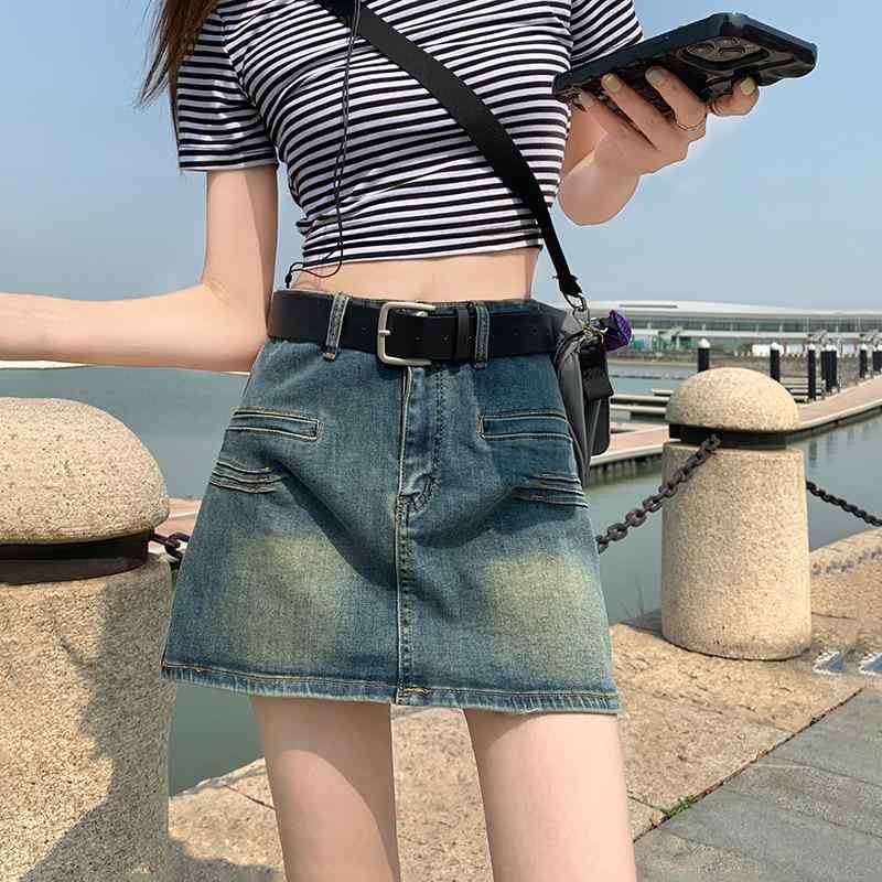 Skirts - スカート レディース ハイウエスト デニム 半身裙 夏 薄手 小柄 女性 セクシー ワイド スリム Aライン 包臀 ショート 牛仔布 綿 中弾力 気質 通勤 スタイル 拉链 復古 ブルー 色