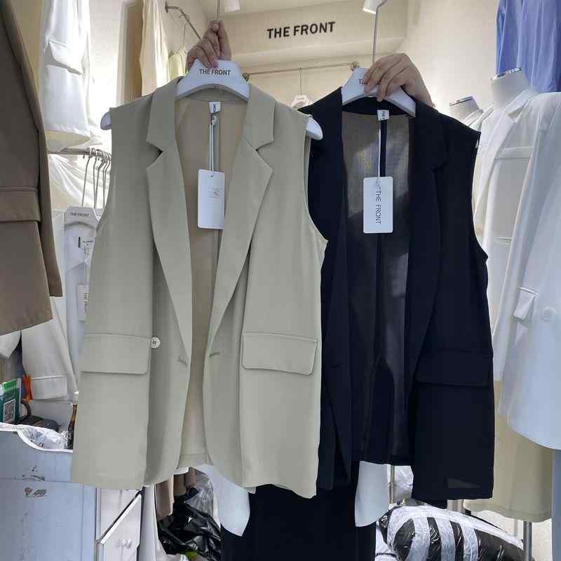 女性用 西装 馬甲 外套 無袖 翻領 ボタン ワイド ゆったり 薄手 春季 かき 黒 白 ポリエステル シフォン 生地 通勤 スタイル 気質 都市 風 気質 優雅 ゆったり シルエット 軽量 涼しい コート ベスト ジャケット ブラウス トップス