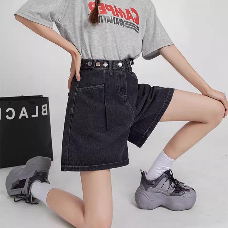 レディース デニム ショートパンツ 高腰 ワイドレッグ Aライン 春夏 梨型身材 隠しお腹 ゆったり スリム コットン 中厚 ミディアムストレッチ ブルー 黒 私服 御姐風 甘め フレッシュ ボタン ジッパー プリーツ