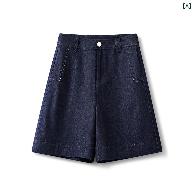 牛仔パンツ 女性用 夏 スカートパンツ ワイドレッグパンツ 高腰 スリム効果 五分丈 薄手 コットン ポリエステル デニムブルー ポケット 付 韓国風 カジュアル