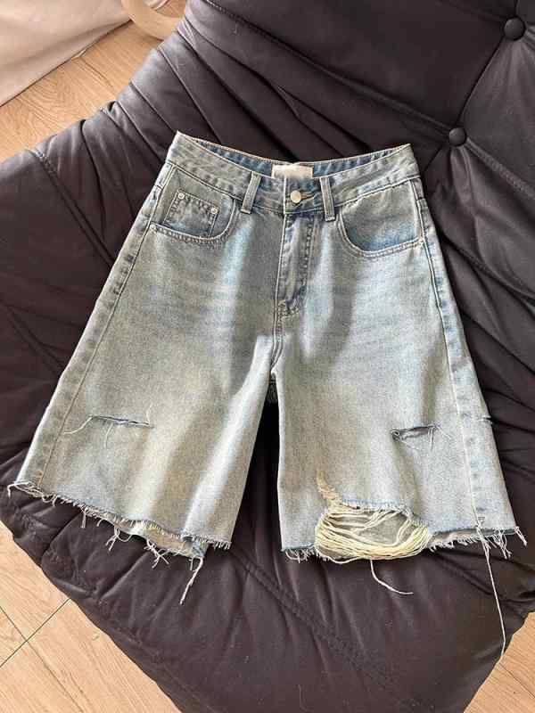 デニムパンツ レディース 夏 2025 直筒 膝丈 高腰 ワイドレッグ 破れ ブルー コットン 素材 通勤スタイル 気質 ゆったり スリム 効果 ミディアム厚