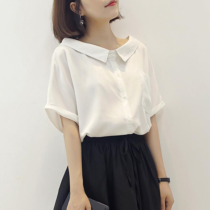 乐天商城 - シャツ レディース 夏 ゆったり 大きいサイズ 短袖 ラウンドネック 雪紡 ブラウス ボタン ポケット 切り替え 直線シルエット 純色 白色 ワインレッド 通勤 普段使い デート 軽量 涼しい 伸縮性 私服 御姐風 百搭 洋気