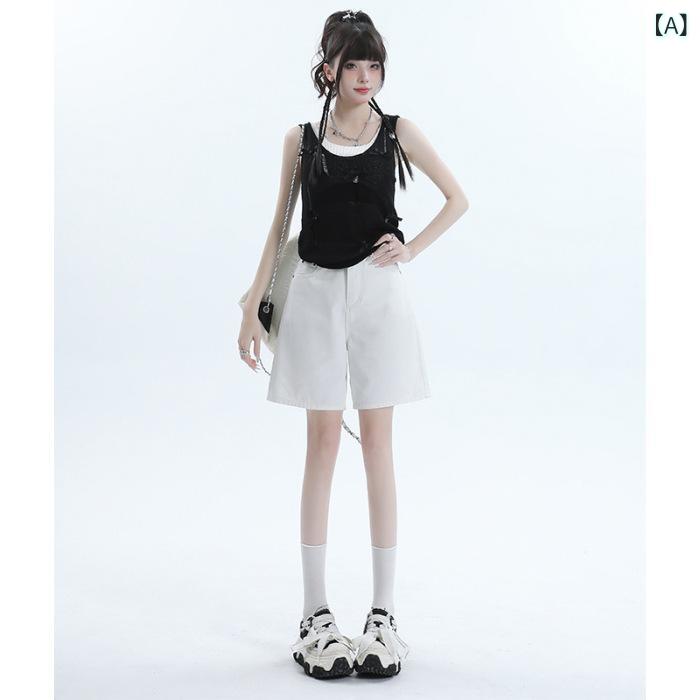 Rakuten - デニムパンツ 女性用 高腰 ワイドレッグ 七分丈 ゆったり スリム コットン ストレート ミディアム厚 ドゥーム加工 夏 ホワイト クリームブルー 私服 御姐風