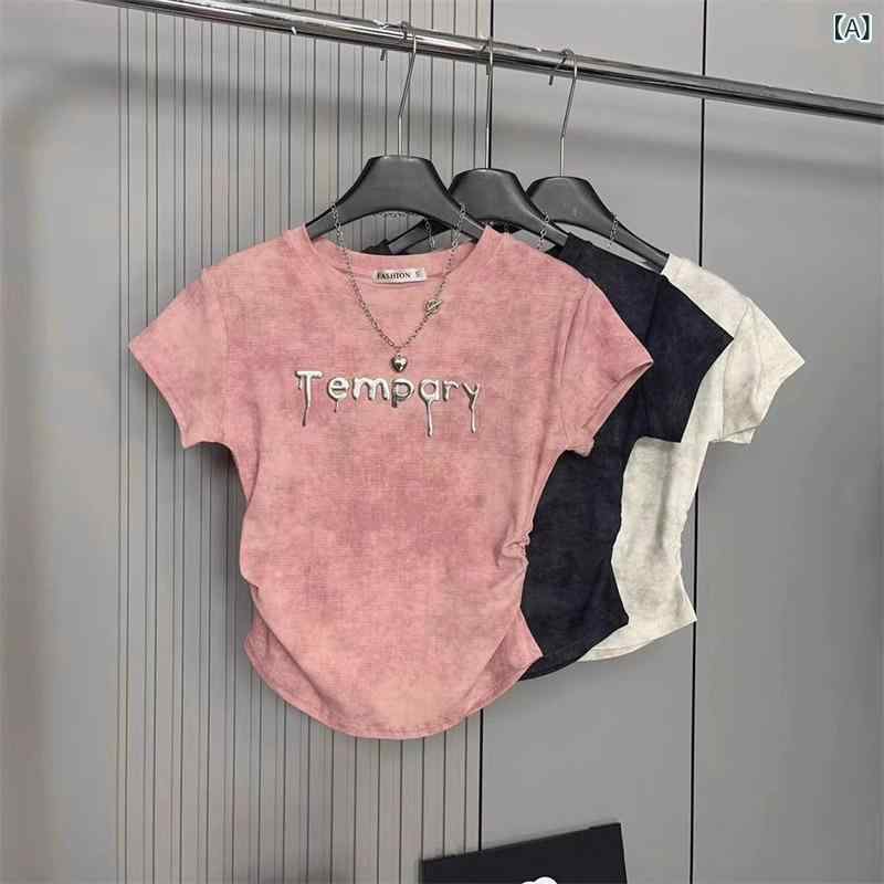 Tシャツ レディース 短袖 修身 タイダイ プリーツ 短丈 丸首 綿 スパンデックス ピンク 黒 白 かわいい 気質 通勤 日常 都市風 個性 街頭 柔軟 セットアップなし