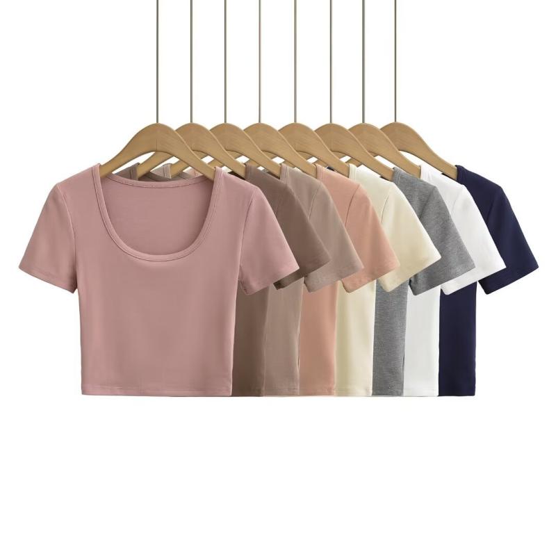 乐天商城 - Tシャツ レディース 短袖 Uネック 短丈 修身 綿 スパンデックス 混紡 純色 クロップド トップス 街頭風 セクシー スタイル 白色 黒 灰色 通勤 普段使い アウトドア 軽量 伸縮性 ビッグシルエット 春夏 2024年