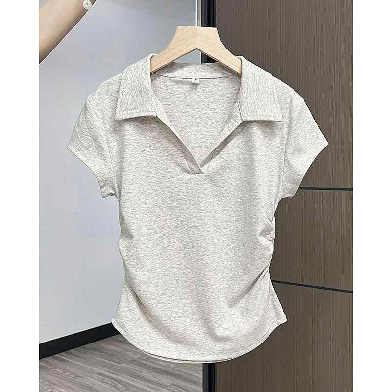 T-Shirts - Tシャツ レディース ポロカラー Vネック 修身 短袖 収腰 抽褶 綿100% 純色 セットインスリーブ プリーツ 夏 白色 黒 グレー 通勤 気質 快適 休闲