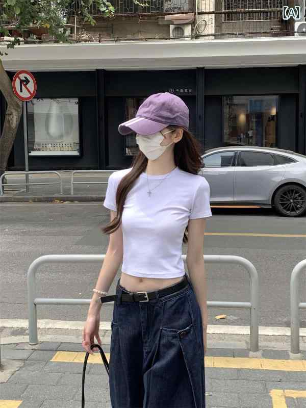 Tシャツ レディース 短袖 丸首 クロップド 女性用 夏 コットン 修身 スリム 気質 通勤 スタイル ワインレッド 白色 黒 かわいい 軽量 通勤風 普段使い トップス 純色 上衣 短め 肩正 辣妹風