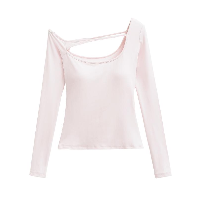 Rakuten - Tシャツ レディース 長袖 斜肩 修身 顯瘦 セクシー 打底 トップス 短丈 セットインスリーブ クルーネック 純色 混紡 ポリエステル 50-70% 黒 白 杏 街頭 潮人 欧美風 個性 春季 オールシーズン 普段使い 通勤用 カジュアル 軽量 伸縮性
