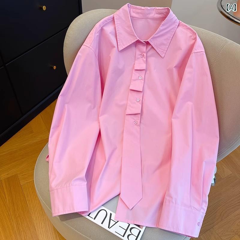 ・主な素材: 綿・スタイル: 休闲・柄: 単色・袖丈: 長袖・ネックライン: POLO領・カラー展開: 粉色、白色・サイズ展開: L、XL、2XL、3XL、4XL・カテゴリ: シャツ