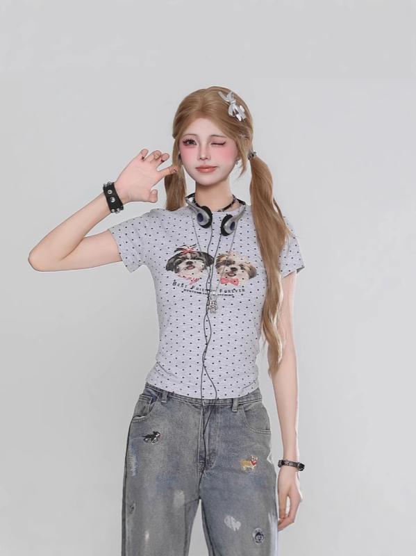 樂天商城 - Tシャツ 女性用 短袖 短丈 丸首 修身 夏 ポルカドット 動物柄 ドッグプリント 字母プリント 立体プリント セットアップ セーター トップス 私服 かわいい セクシー 灰 白色 ポリエステル 吸湿速乾 通勤 普段使い