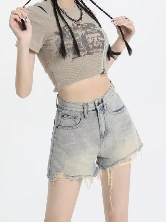 乐天商城 - レディース デニム ショートパンツ 高腰 破れ 毛羽立った裾 ビッグサイズ コントラストデザイン スリム効果 フリンジ 直筒 綿 スパンデックス 微弾性 薄手 夏 ライトブルー ストリート セクシー 基本 デニム風 加工