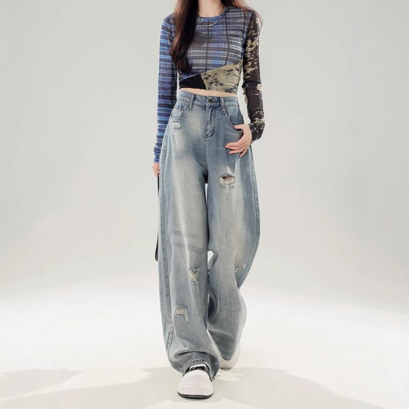 レディース デニムパンツ 牛仔布 コットン 素材 直筒 ワイドレッグ ハイウエスト 中厚手 ジッパー 長丈 気質 通勤スタイル 無弾性 復古風 破れ加工 スリム効果 ルーズフィット 大きめサイズ ブルー
