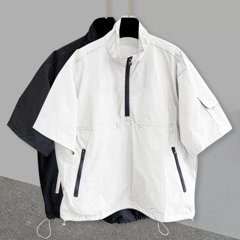 乐天商城 - メンズ Tシャツ 立襟 半袖 綿 混紡 薄手 透気 夏 白色 黒 ゆったり デザイン 半ジップ ポケット 日常 青少年 港風 スタイル 青春 流行 18-24歳 成人 男 セット頭 袖 通常 無帽