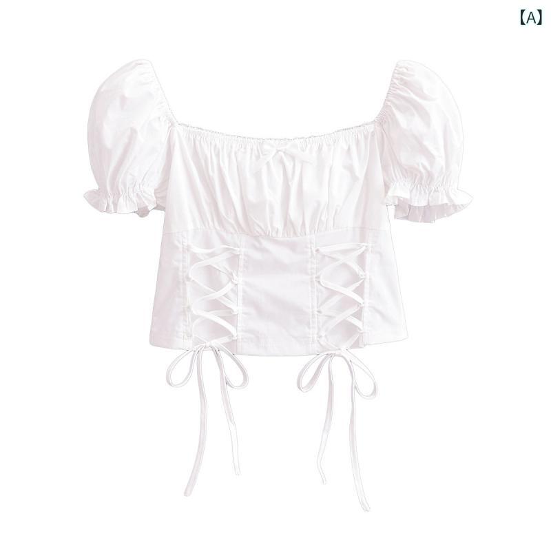 Tシャツ 女性用 短袖 泡泡袖 蝴蝶結 方領 切り替え 綿混 修身 短丈 清新 かわいい 気質 白色 黒 夏